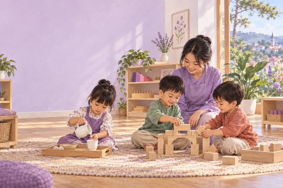 Minh họa AI về cô và trẻ khám phá giáo cụ Montessori